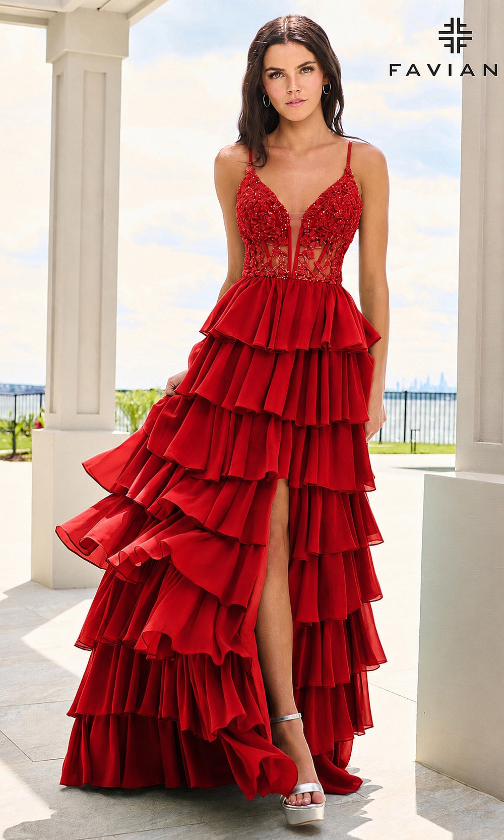 Faviana 11603 Red prom dress front view with floral lace bodice, beading, tiered chiffon ruffle skirt, V-neckline, spaghetti straps, formal prom gown