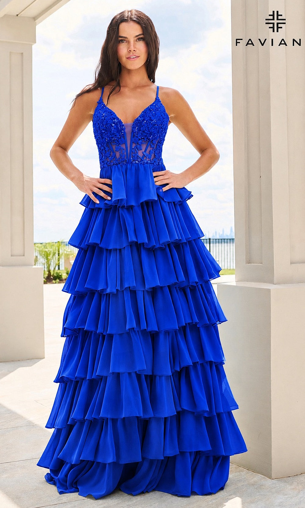 Faviana 11603 Royal prom dress front view with floral lace bodice, beading, tiered chiffon ruffle skirt, spaghetti straps, debut ball gown