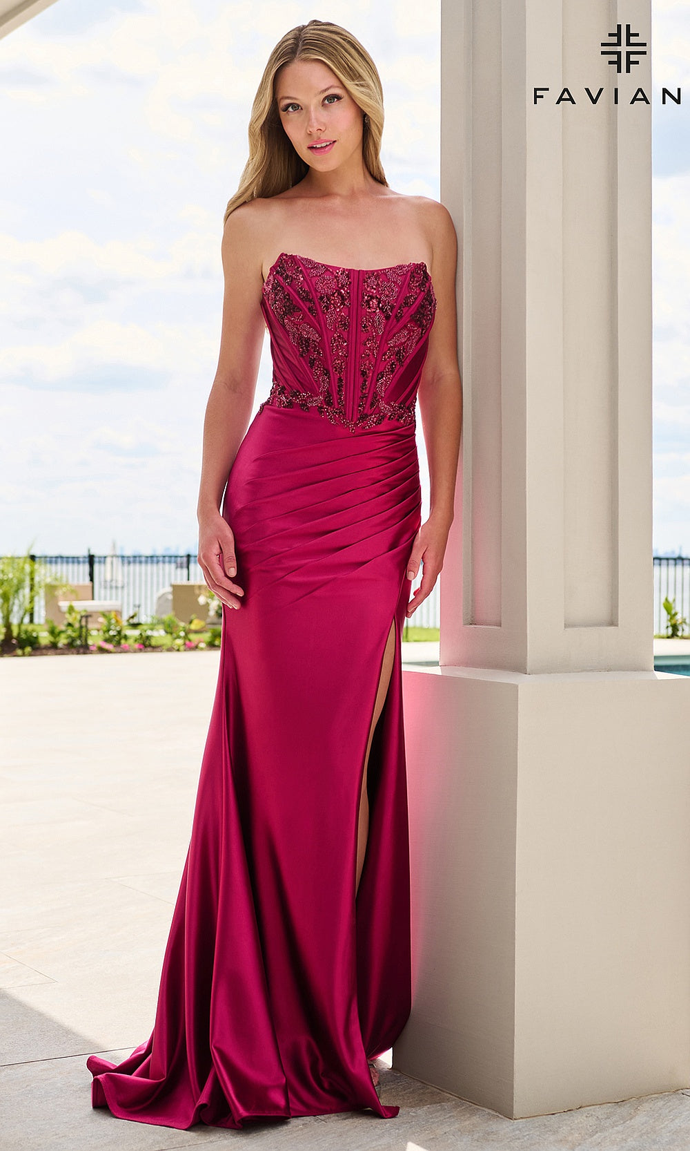 Faviana 11606 Cherry prom dress front view with beaded corset bodice, sheer mesh panel, boning channels, strapless scoop neckline, cocktail party dress