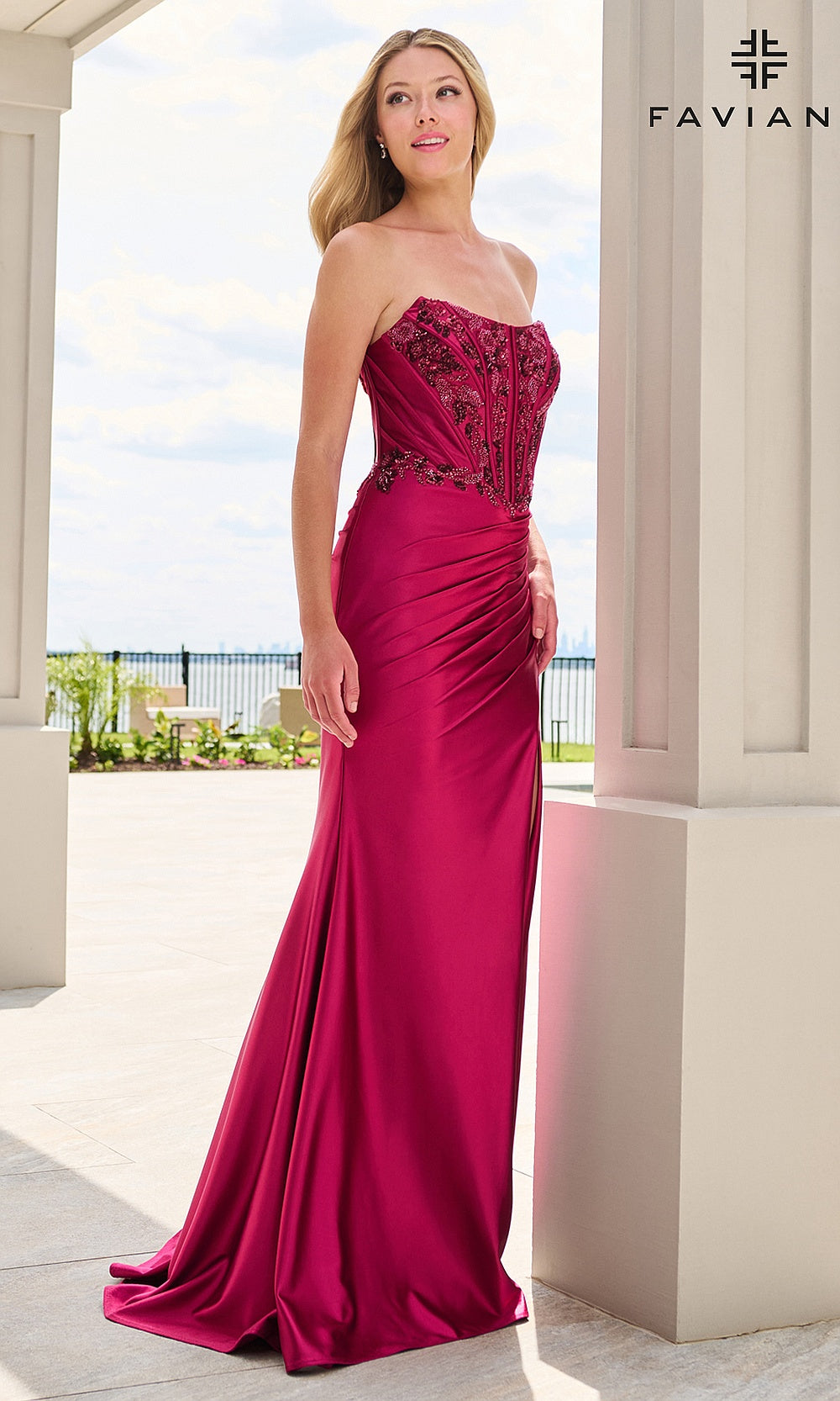 Faviana 11606 Cherry prom dress full-length front view with beaded corset bodice, sheer mesh panel, boning channels, strapless scoop neckline, cocktail party dress