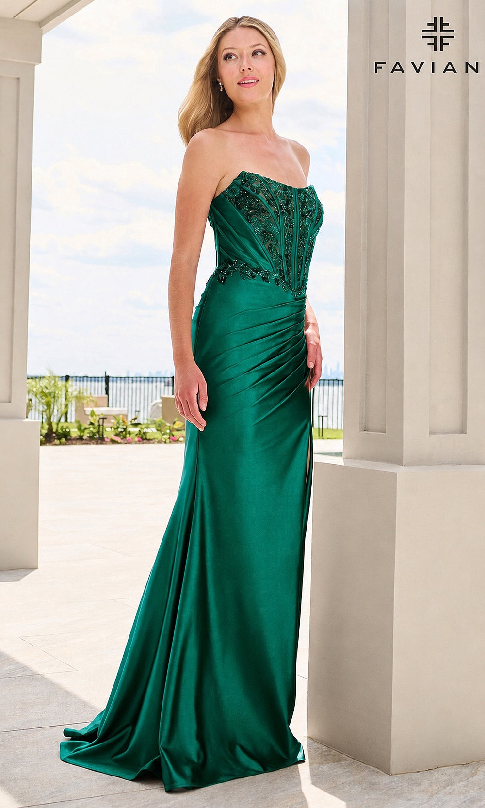 Faviana 11606 Dark Emerald prom dress front view with sweep train, high slit, ruched hip, fitted jersey silhouette with polished formal styling