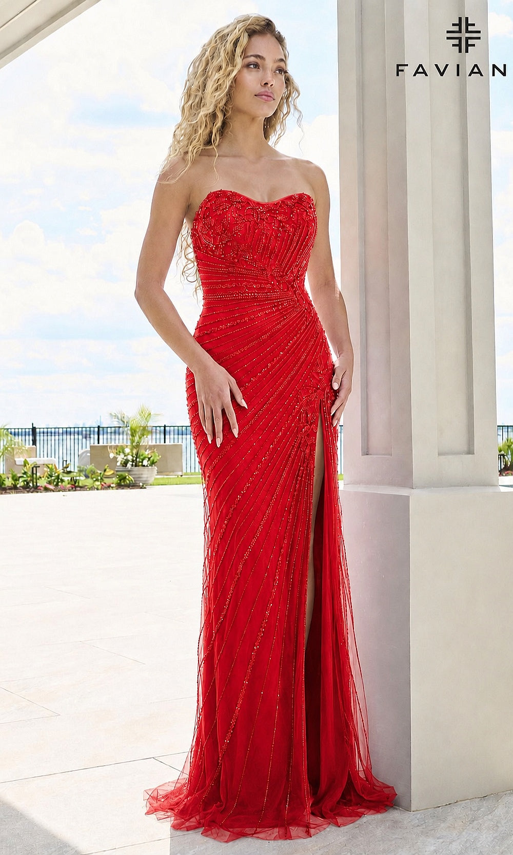Faviana 11616 Red prom gown front view with strapless sweetheart neckline, fully beaded fitted silhouette, front high slit, and sweep train, pageant evening gown