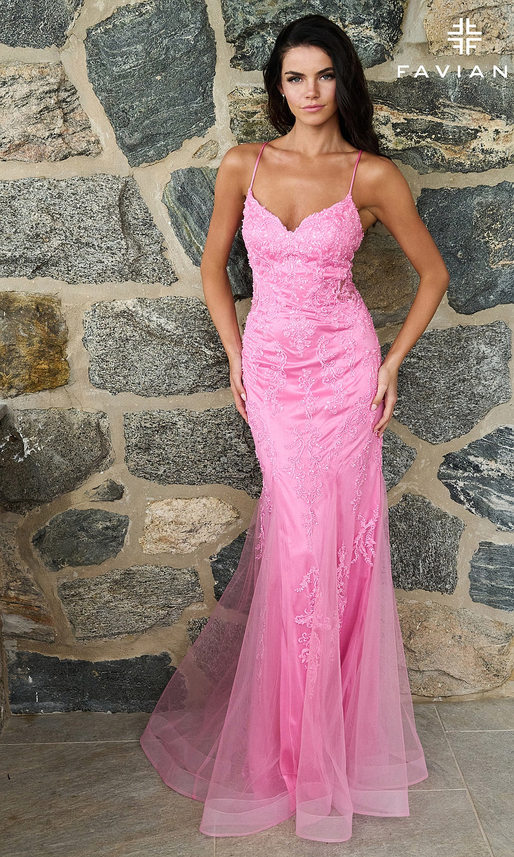 Faviana 11624 Cotton Candy Pink prom dress with lace embroidery, beading, v-neck straps, fitted mermaid silhouette, tulle train, front view, formal prom gown