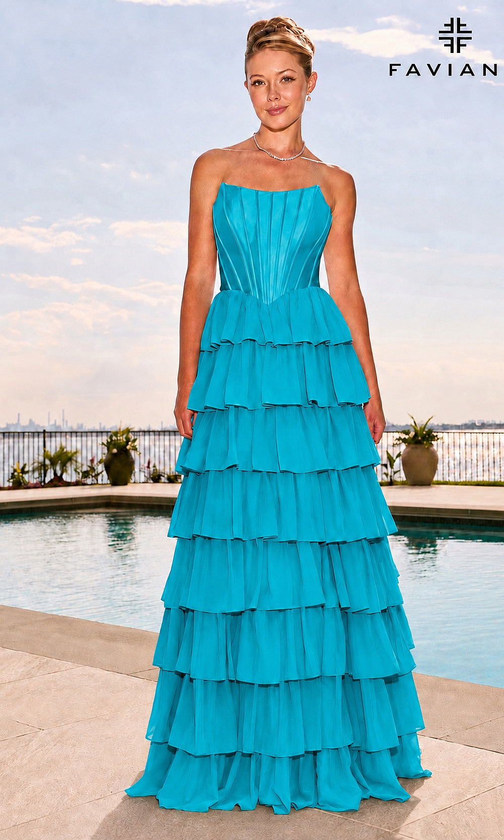 Faviana 11631 Aqua front view strapless sweetheart corset ballgown with stretch satin boned bodice tiered chiffon skirt open lace-up back prom gown