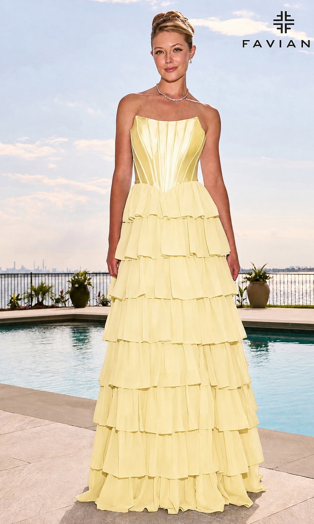 Faviana 11631 Light Yellow front view strapless sweetheart corset ballgown with stretch satin boned bodice tiered chiffon skirt open lace-up back prom gown