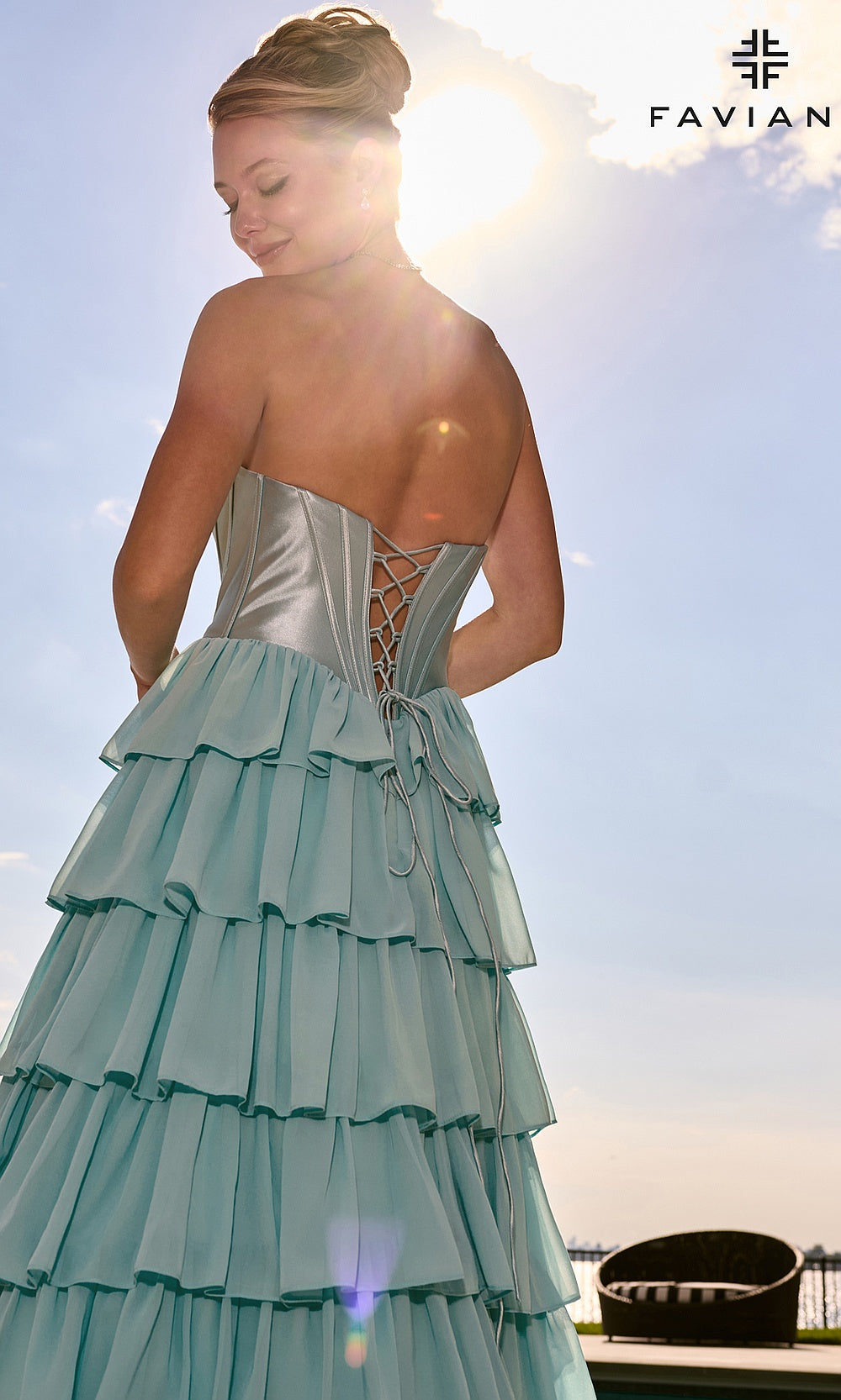 Faviana 11631 Seaglass full-length back view strapless sweetheart corset ballgown with open lace-up corset back tiered chiffon ruffle skirt and train formal prom gown