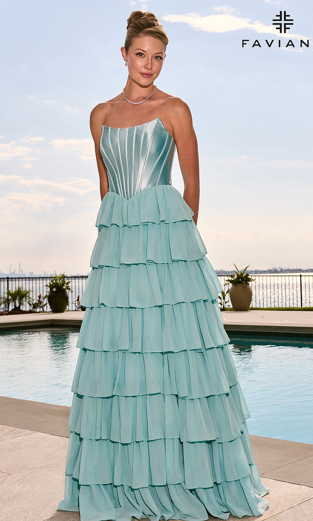 Faviana 11631 Seaglass front view strapless sweetheart corset ballgown with stretch satin boned bodice tiered chiffon skirt open lace-up back prom gown