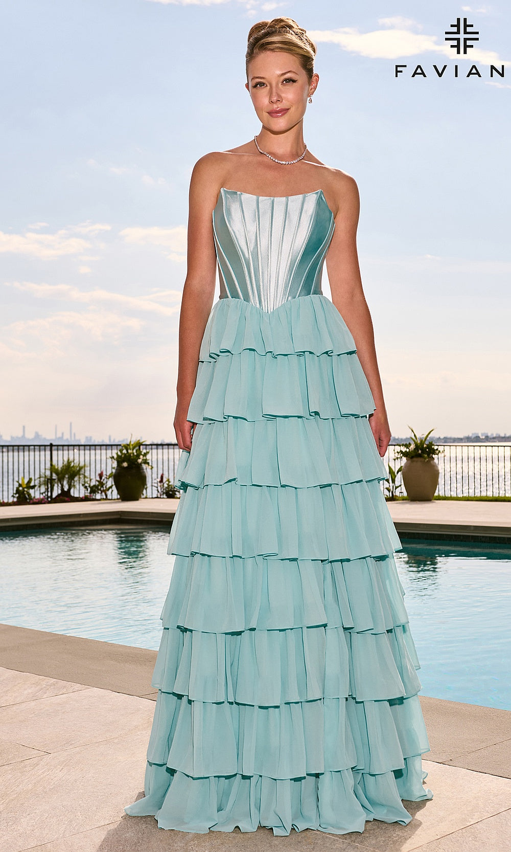 Faviana 11631 Seaglass full-length front view strapless sweetheart corset ballgown with stretch satin boned bodice tiered chiffon skirt open lace-up back prom gown