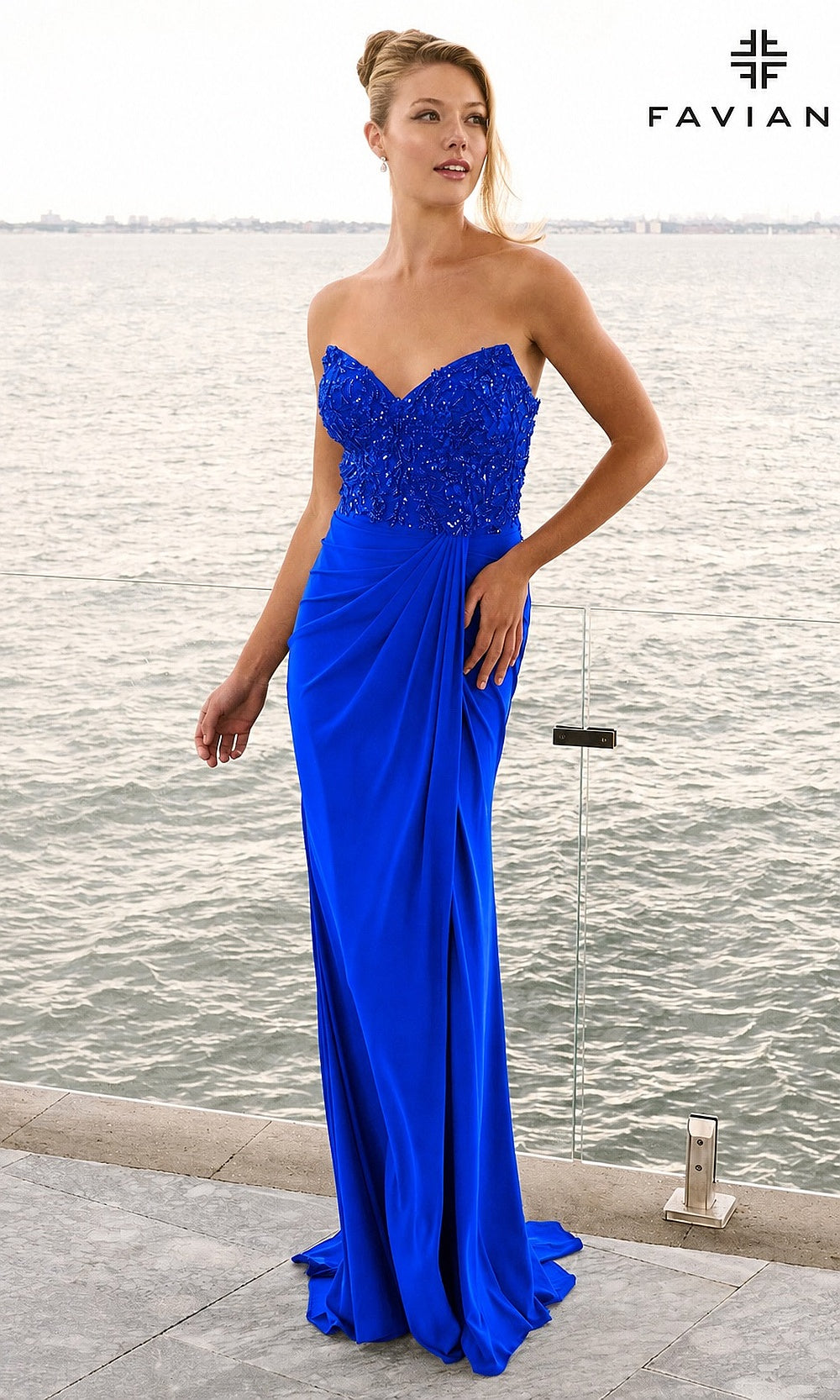 Faviana 11636 Royal front view strapless sweetheart beaded fitted jersey prom gown with ruched draped skirt and front slit with polished formal styling