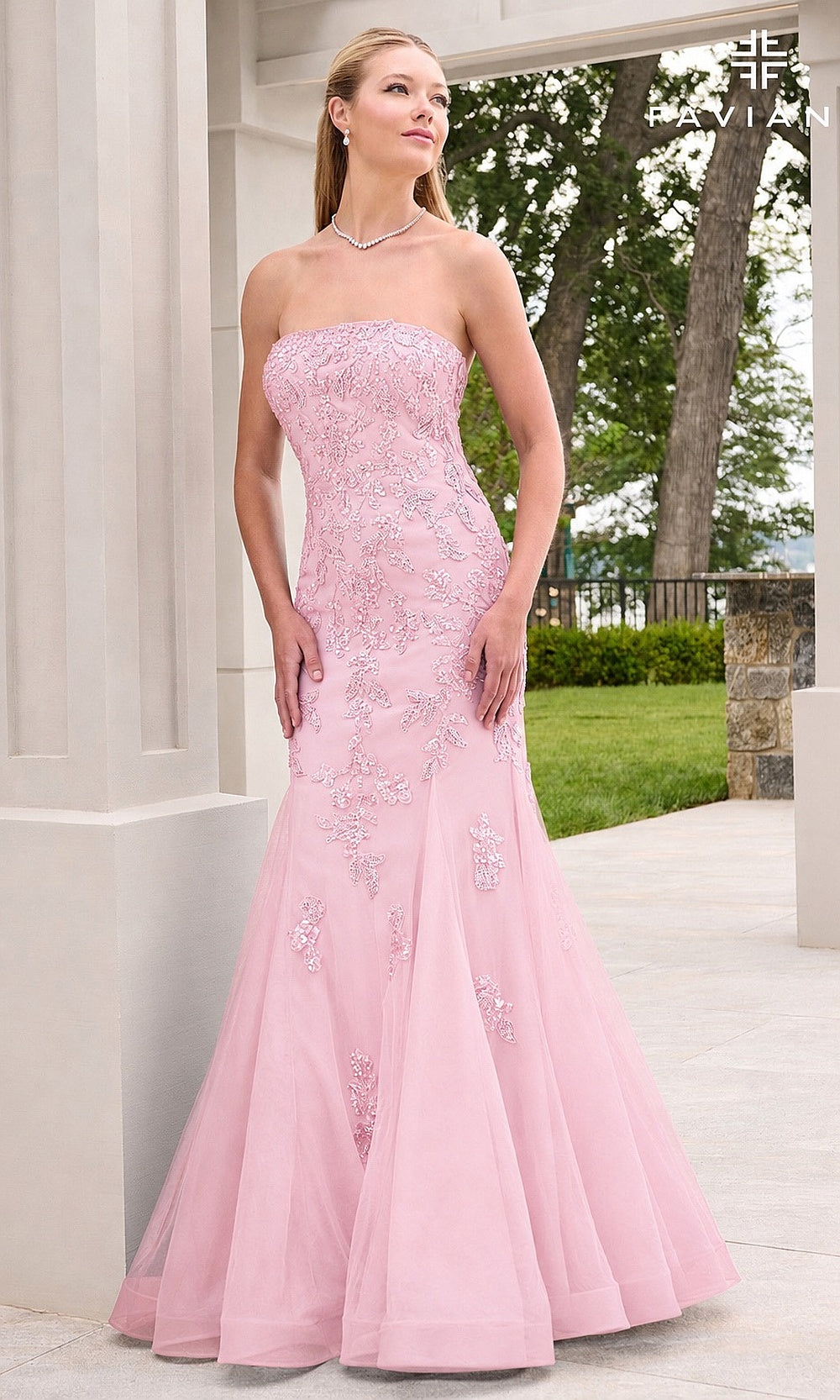 Faviana 11643 Light Pink prom gown front view with beaded floral appliqués, strapless mermaid silhouette, tulle skirt, trumpet flare, evening gown