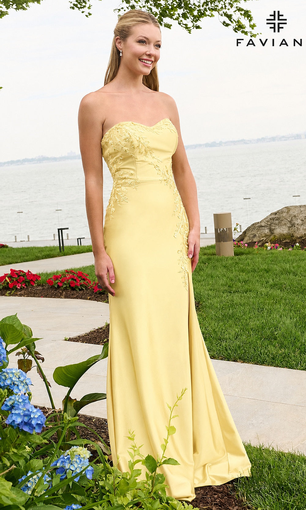 Faviana 11647 Light Yellow strapless fitted prom dress front view beaded floral appliqués stretch satin polished formal styling