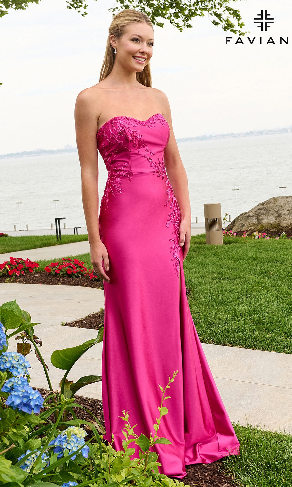 Faviana 11647 Raspberry prom dress front view stretch satin boned sweetheart fitted silhouette formal prom gown, elegant floor-length silhouette photographed in boutique studio lighting