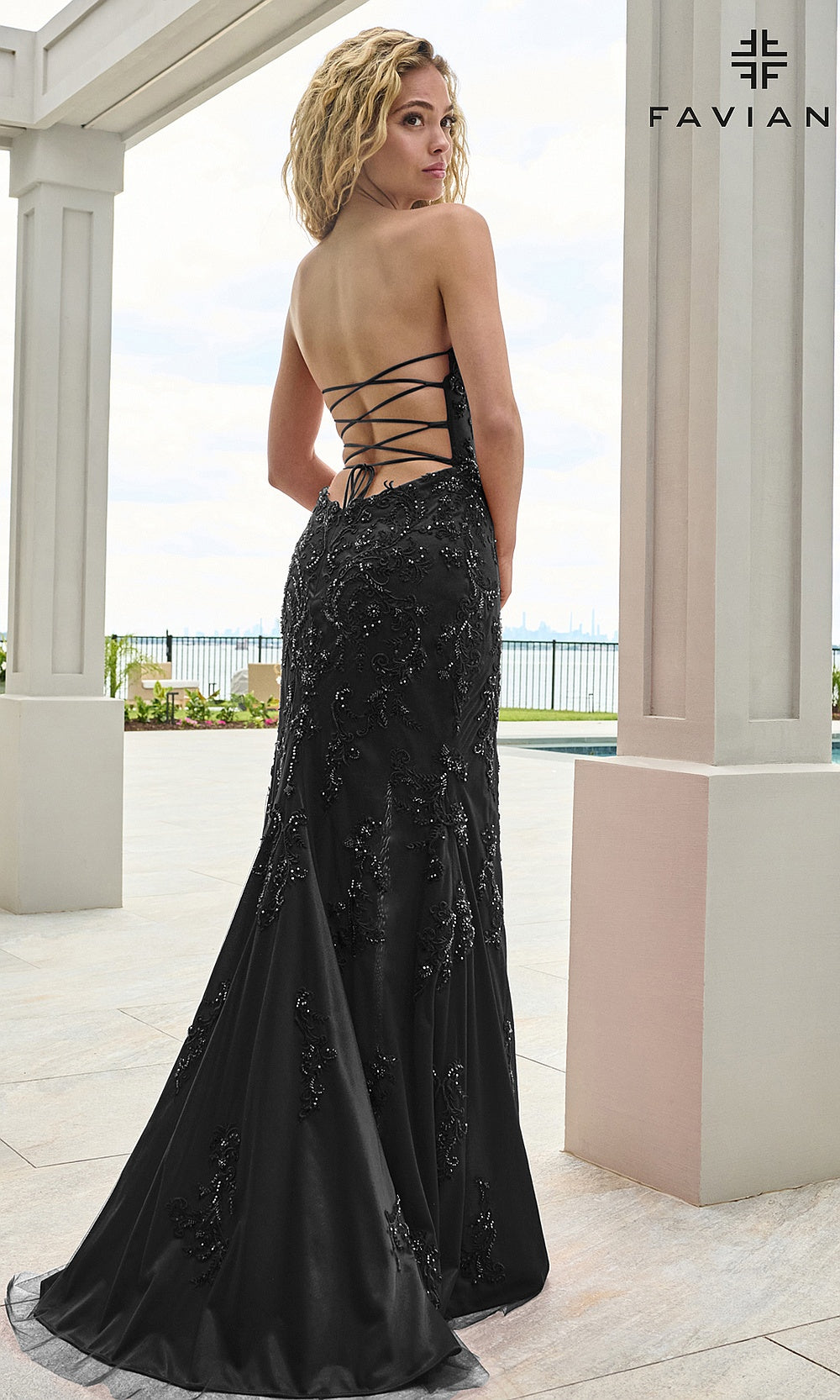 Faviana 11654 Black prom dress back view showing fully open crisscross lace-up back, chiffon skirt, sweep train, evening gown