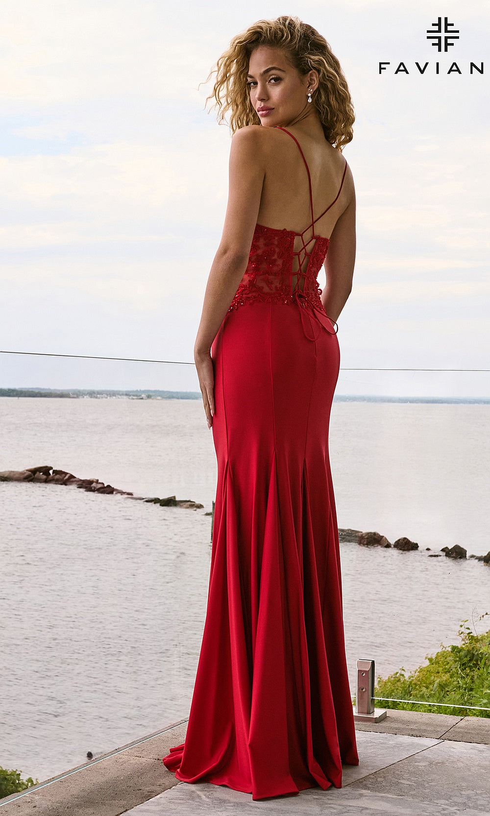 Faviana 11657 Ruby back view lace corset back prom gown with crisscross straps, illusion lace waist panel, beaded floral appliqués, formal prom gown