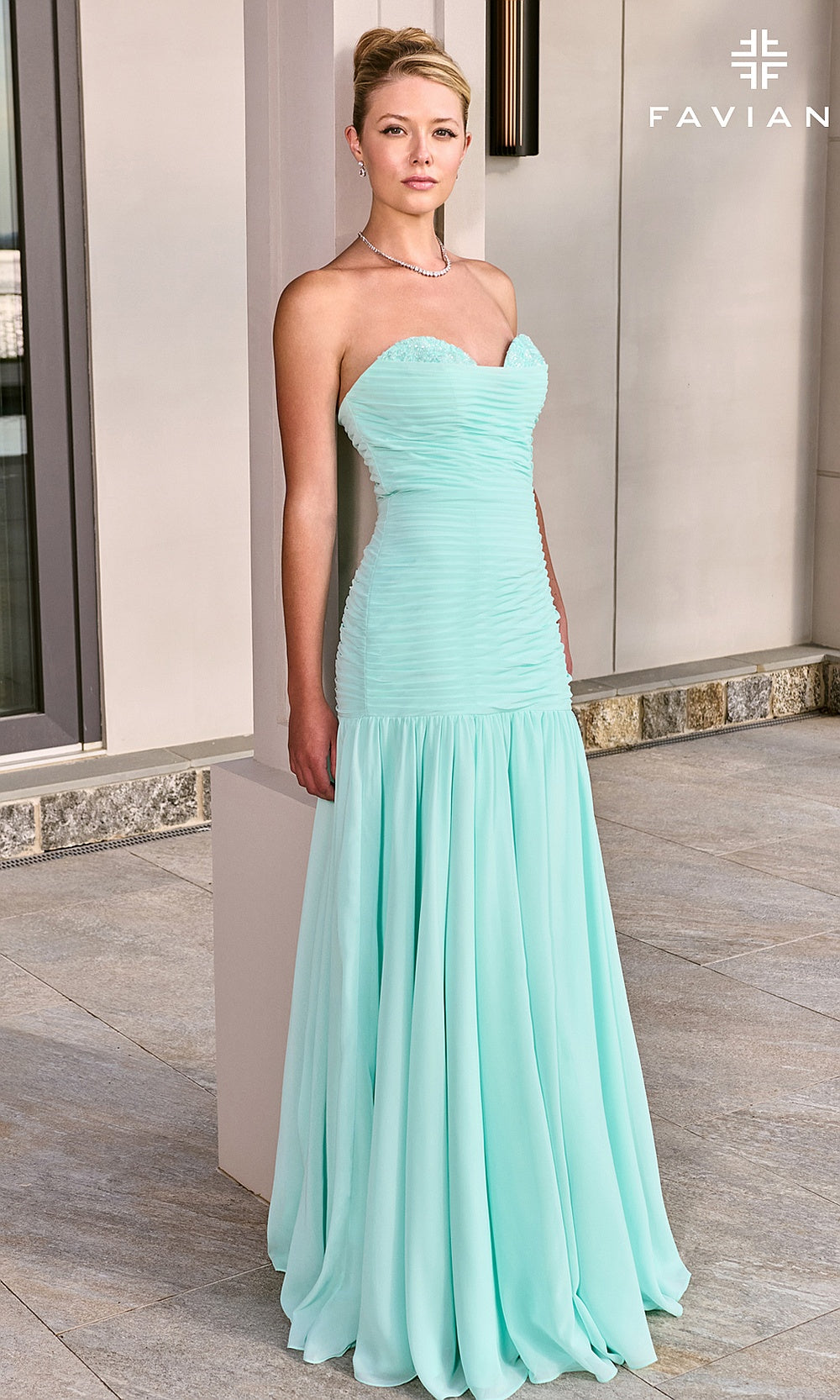 Faviana 11667 Seaglass front angle view strapless sweetheart fit-and-flare chiffon prom gown with boned ruched bodice and lace floral appliqué neckline with polished formal styling