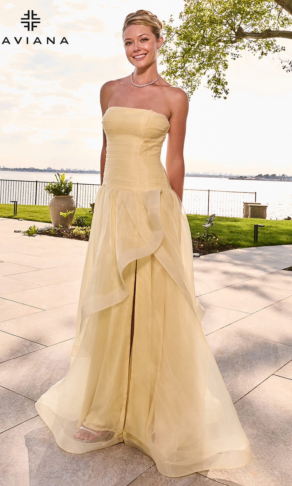 Faviana 11668 Butter Yellow prom A-line gown close front view structured strapless bodice floor-length organza skirt formal prom gown