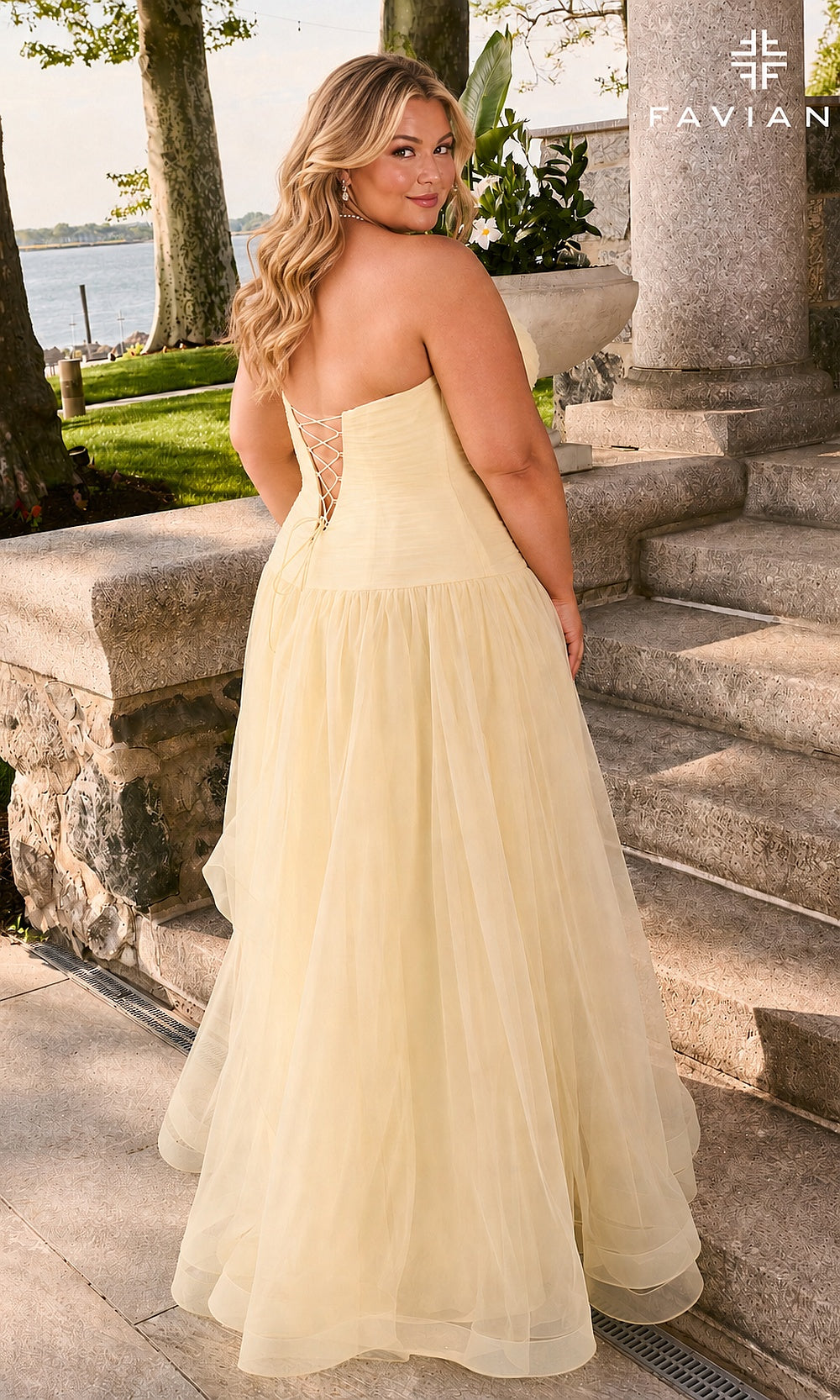 Faviana 11668E plus size prom gown back view in Butter Yellow, lace-up corset back over covered panel with cascading organza A-line skirt panels