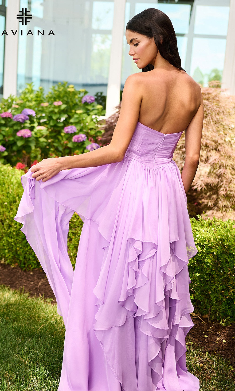 Faviana 11669 Bright Lilac prom dress second back view with tiered cascading chiffon skirt, strapless bodice, smooth strapless back, evening gown