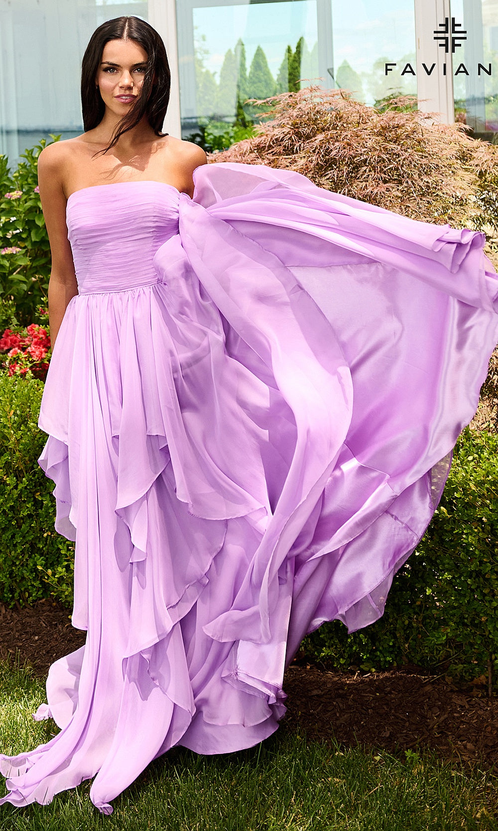 Faviana 11669 Bright Lilac prom dress editorial view with multi-tier chiffon ruffle skirt, strapless ruched bodice, flowing a-line silhouette, gala gown