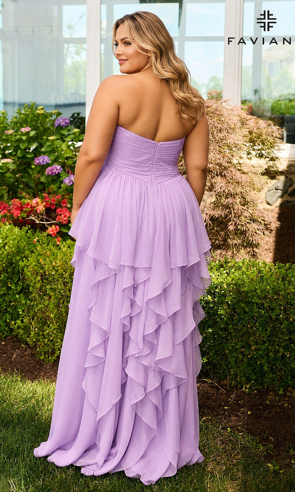 Faviana 11669E Bright Lilac plus size prom gown back view showing smooth covered back and flowing chiffon ruffle skirt