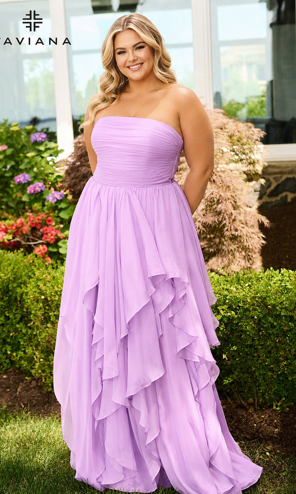 Faviana 11669E Bright Lilac plus size prom gown front view, strapless scoop-neck ruched chiffon bodice and A-line skirt with cascading ruffle tiers