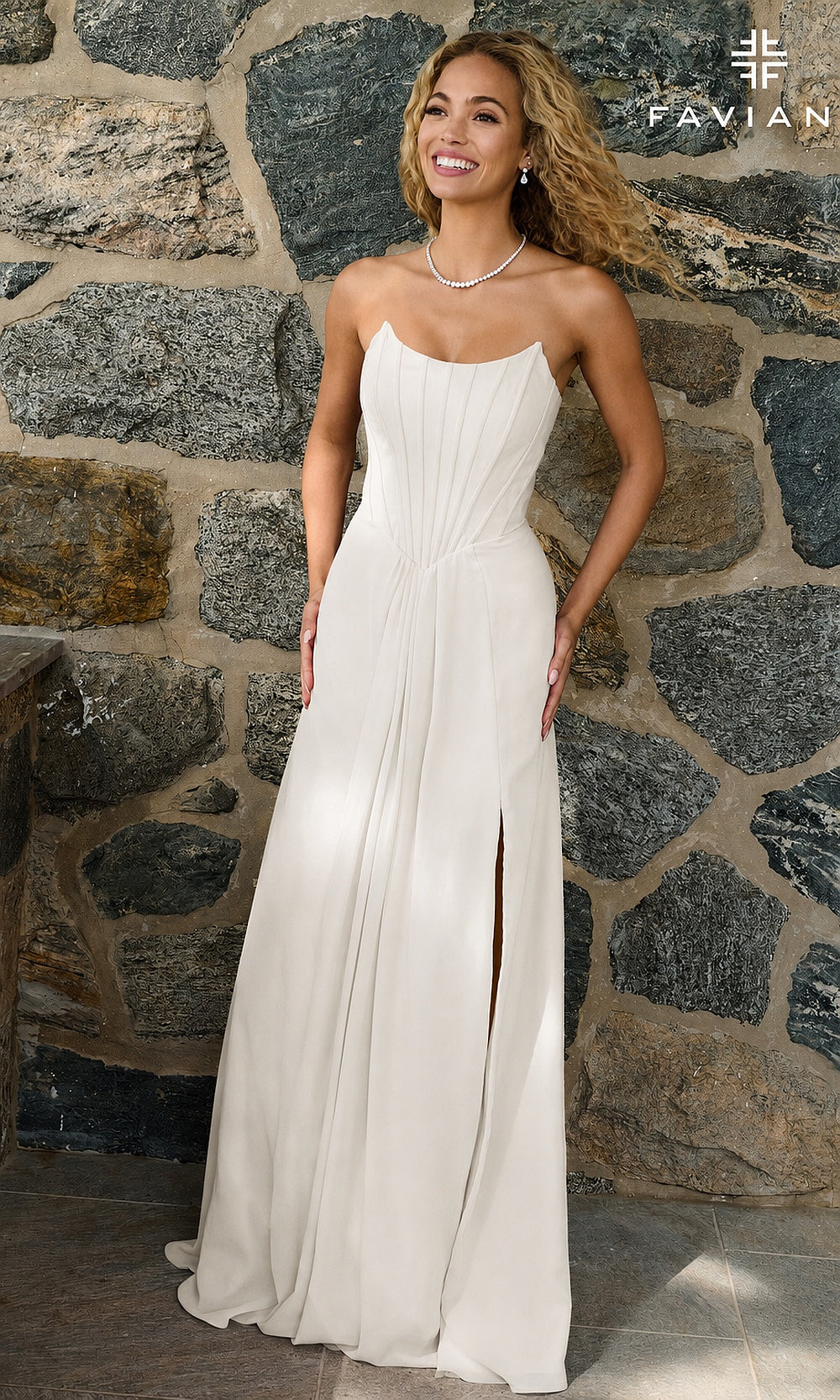 Faviana 11672 Ivory front strapless chiffon corset fit-and-flare gown with front slit and pockets, elegant prom gown in floor-length silhouette