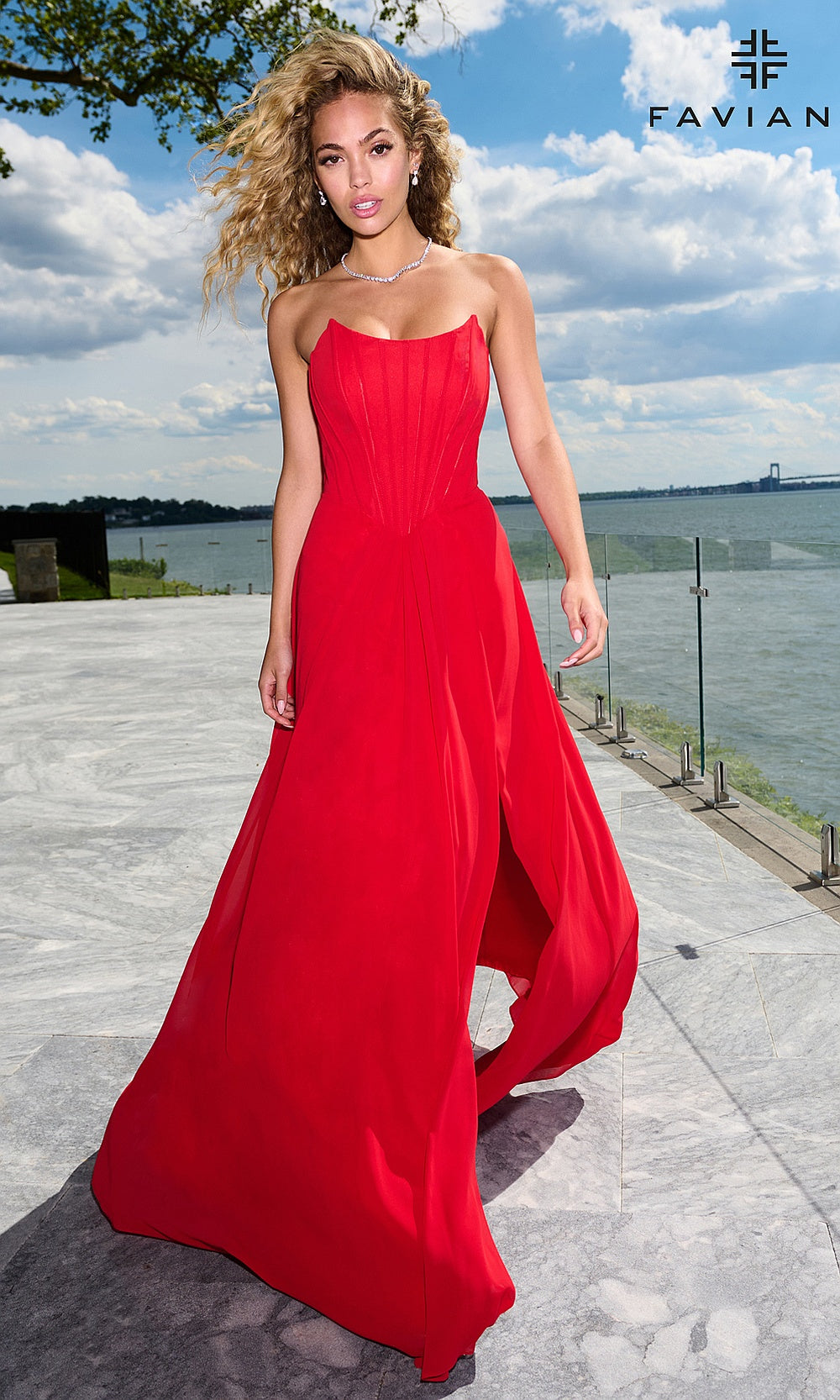 Faviana 11672 Red front view strapless chiffon corset gown with boning channels, flowing skirt, and front slit, evening gown styled for prom