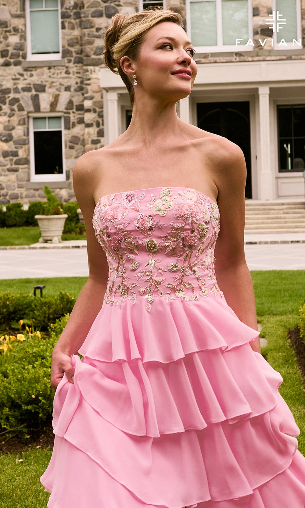 Faviana 11675 Light Pink close-up detail view prom dress in chiffon with lace-up crisscross open back and tiered ruffle skirt, formal prom gown