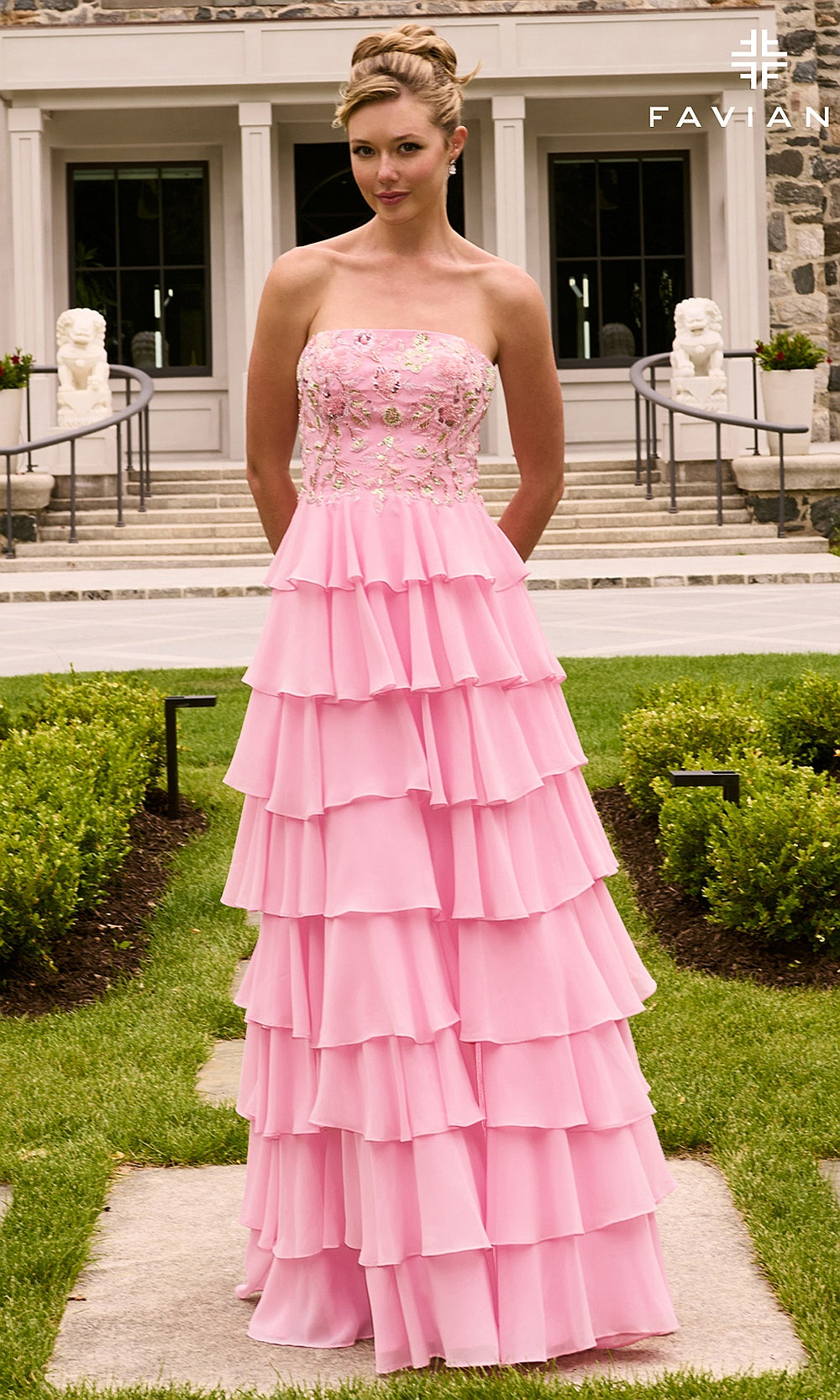 Faviana 11675 Light Pink full-length front view prom dress in chiffon with lace-up crisscross open back and tiered ruffle skirt, formal prom gown