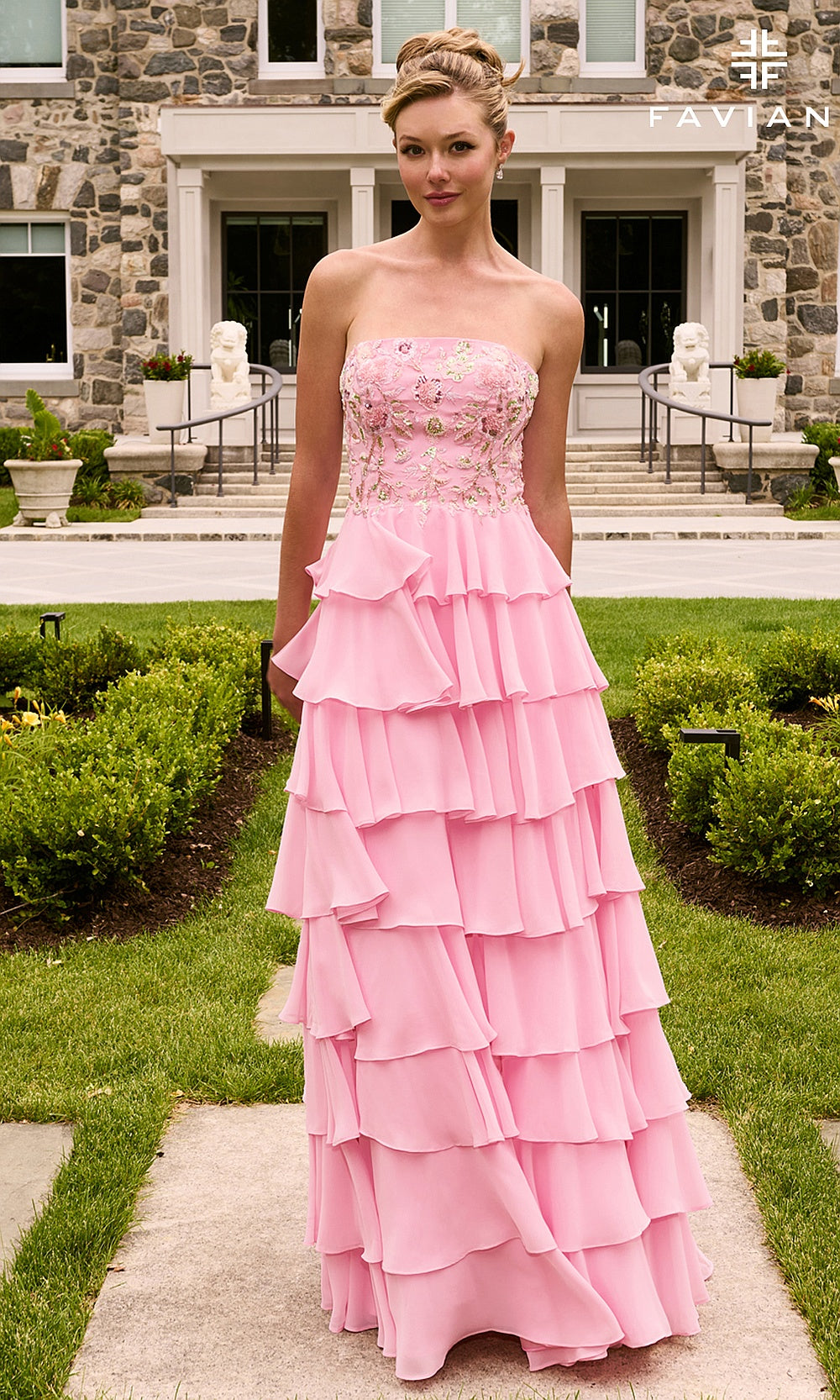 Faviana 11675 Light Pink on-model front view prom dress in chiffon with lace-up crisscross open back and tiered ruffle skirt, formal prom gown