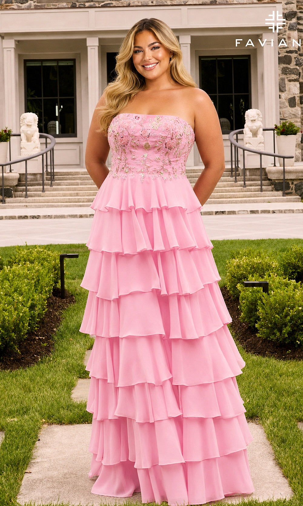 Faviana 11675E Light Pink front view plus size prom dress with beaded floral strapless bodice and layered tiered chiffon ruffle skirt, short hoco dance dress