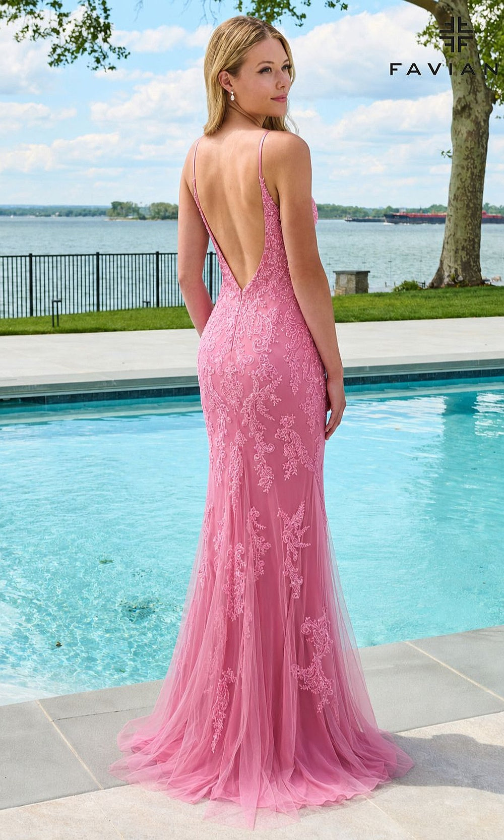 Faviana 11678 Cotton Candy Pink prom dress open back with spaghetti straps, lace beaded detail, sweep train, back view, fitted prom gown