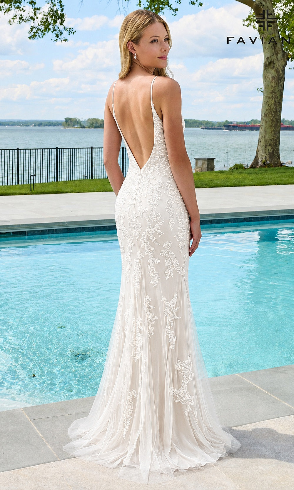 Faviana 11678 Ivory prom dress full open back, thin straps, lace floral beaded detail, tulle skirt, sweep train, back view, prom gown