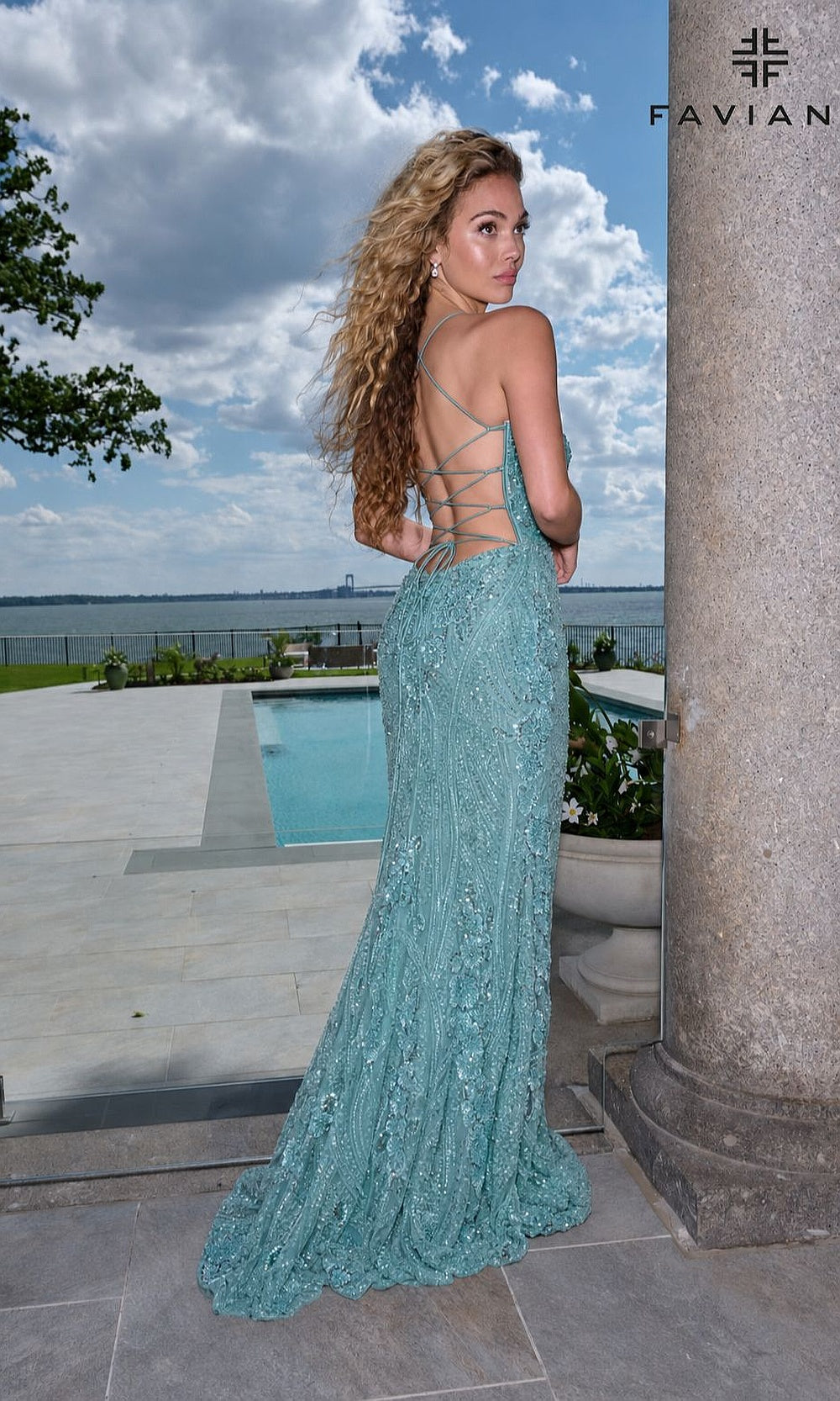 Faviana 11683 Dark Pacific Blue prom dress full-length back view with fully beaded mesh fabric, crisscross open back, fitted silhouette, formal prom gown