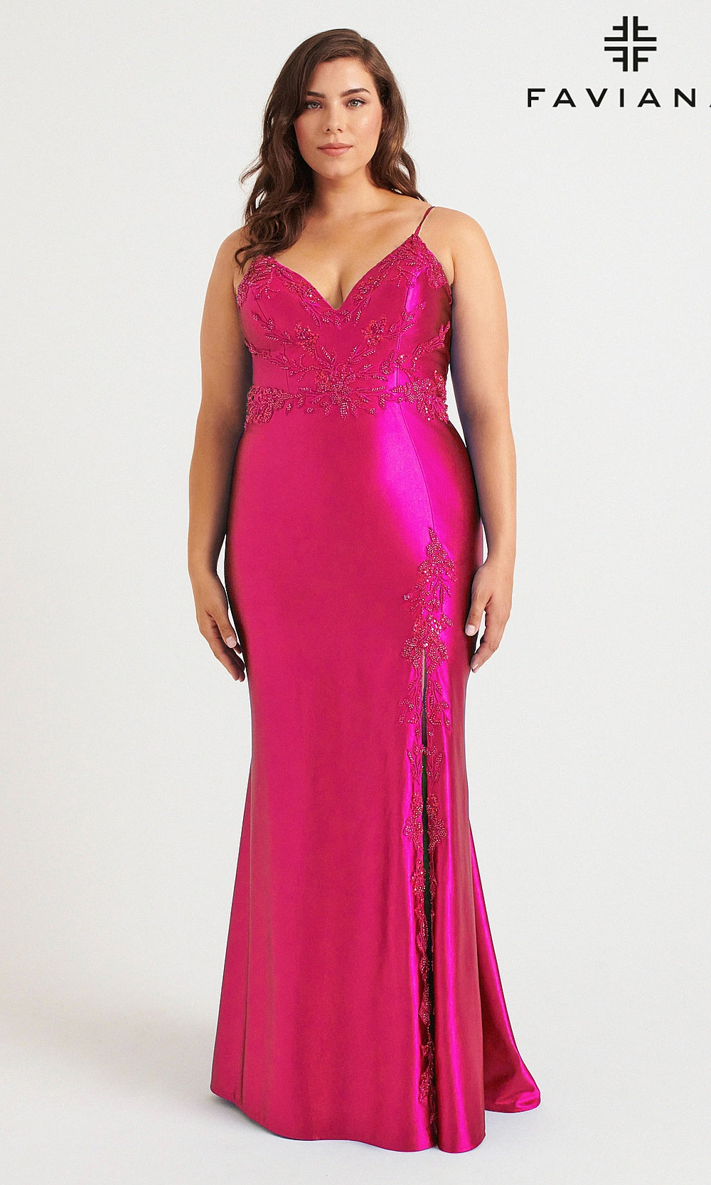 Faviana 9562 Raspberry front view fitted v-neck beaded satin gown with high slit with crisscross back