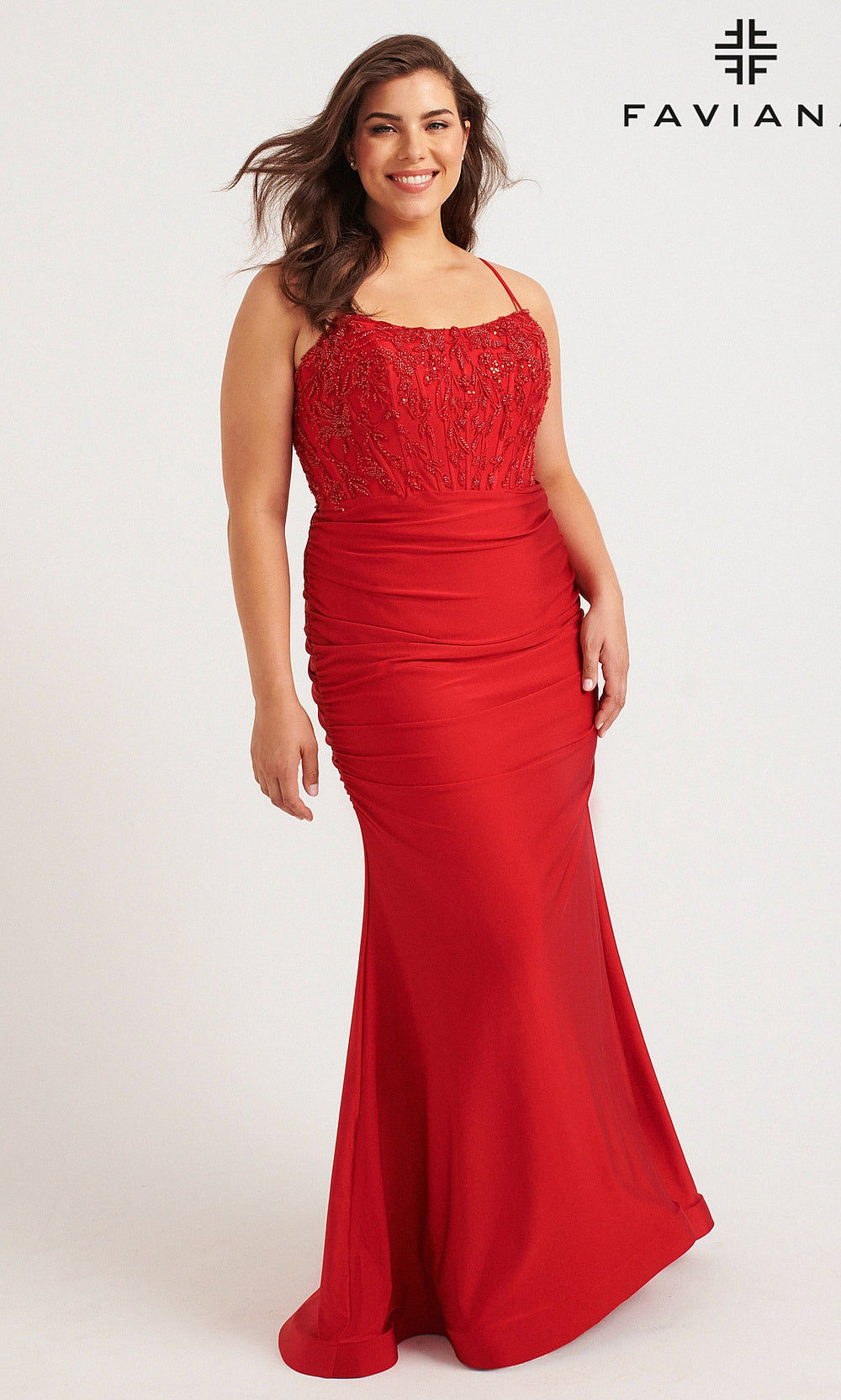 Faviana 9569 Ruby side view scoop-neck plus size mermaid gown with beaded embroidery & train