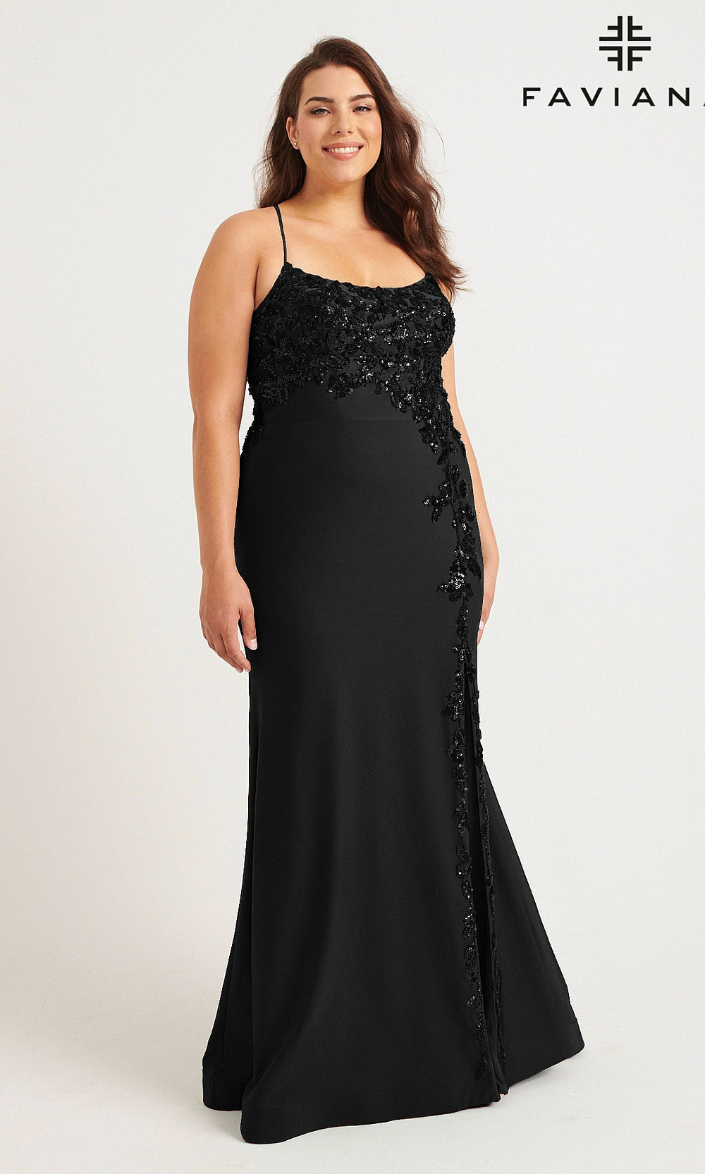 Faviana 9570 Black front view plus size sequin floral appliqué mermaid gown with train