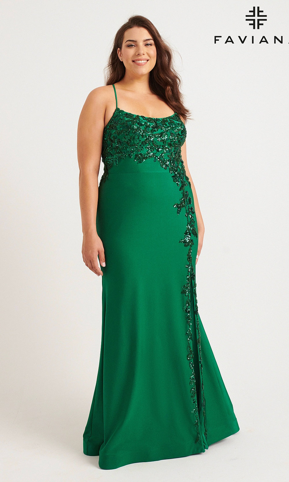 Faviana 9570 Dark Emerald front view plus size sequin floral appliqué mermaid gown with train
