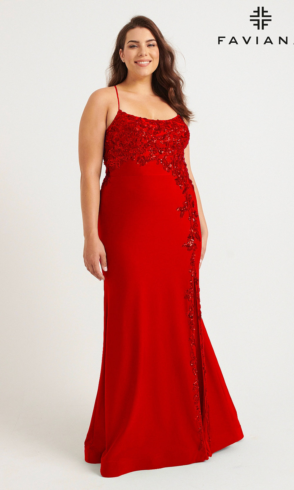 Faviana 9570 Ruby front view plus size sequin floral appliqué mermaid gown with train