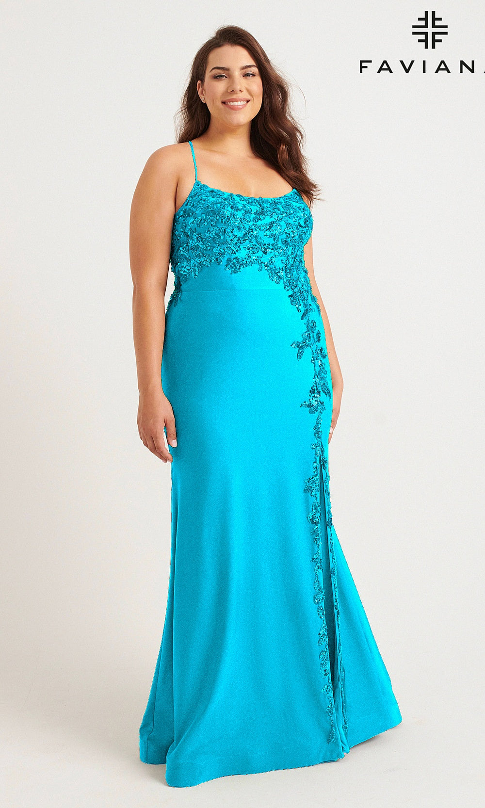 Faviana 9570 Sky Blue front view plus size sequin floral appliqué mermaid gown with train