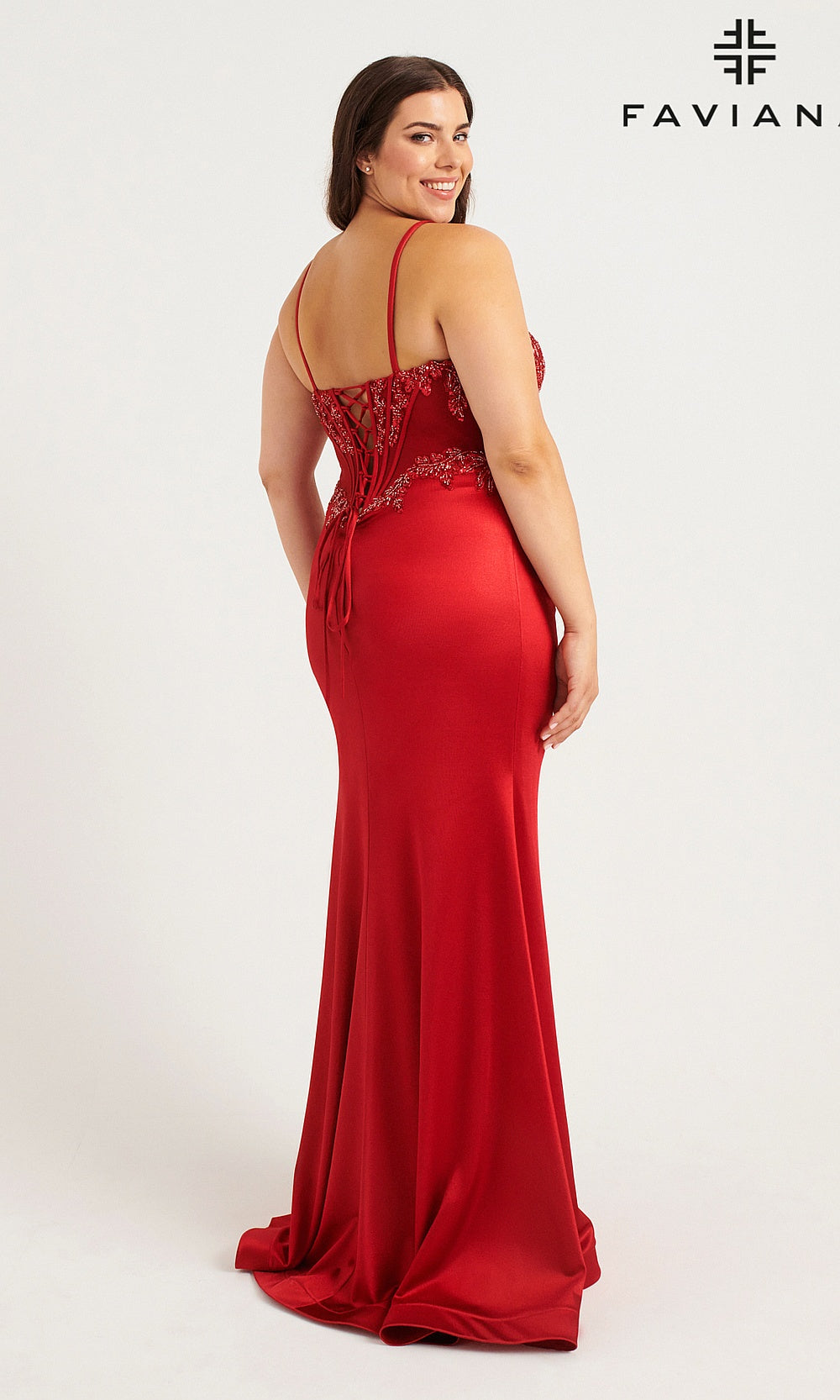 Faviana 9592 Red back view beaded floral sweetheart fitted long gown with train
