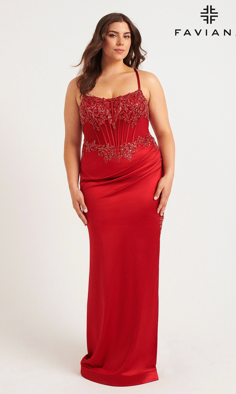 Faviana 9592 Red front view beaded floral sweetheart fitted long gown with train