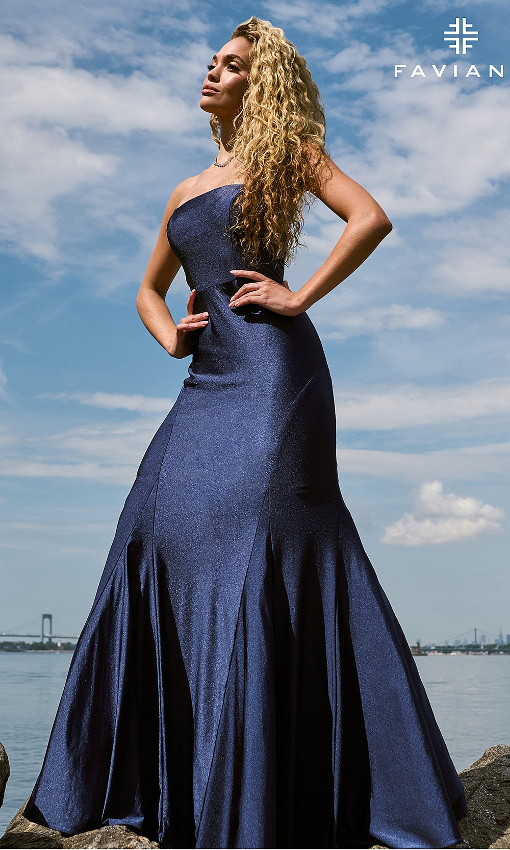 Faviana E11660 Navy glitter metallic strapless scoop-neck mermaid prom gown with boning and lace-up corset back, front view, formal prom gown