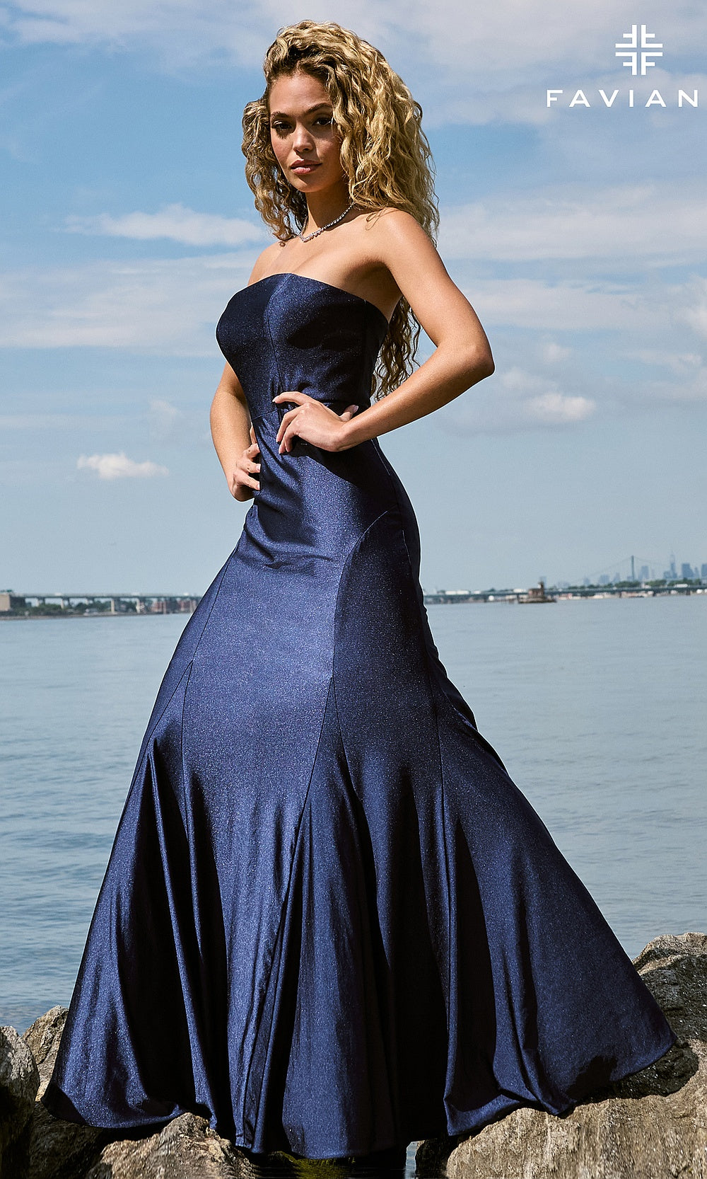 Faviana E11660 Navy glitter metallic strapless mermaid prom gown with boning and crisscross back, front view, polished prom gown styling