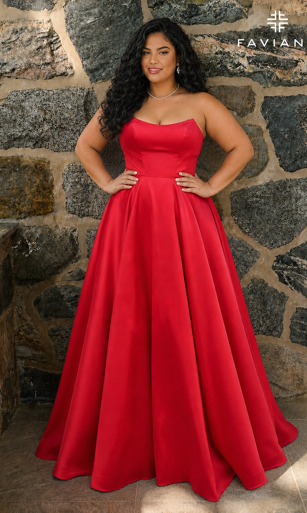 Faviana E11670E Red strapless prom ballgown in stretch satin with high slit and hidden pockets, a-line silhouette, front view, formal prom gown