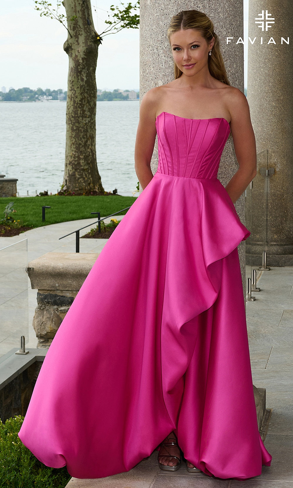 Faviana E11671 Wild Berry prom dress front view, strapless boned satin corset ballgown with draped asymmetric side panel and full skirt, sweet 16 ball gown