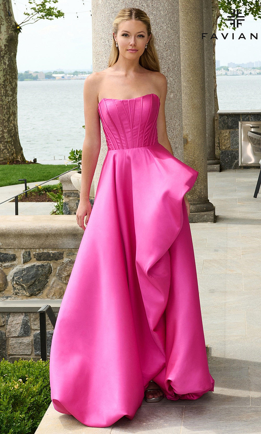 Faviana E11671 Wild Berry prom dress close front view of strapless corset bodice with visible boning channels and full satin skirt, debut ball gown