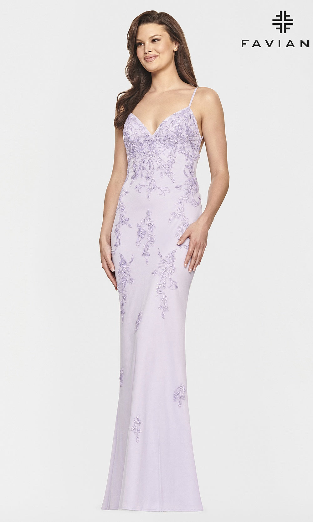 Faviana S10633 Lilac front view beaded floral fitted v-neck spaghetti strap gown with sweep train