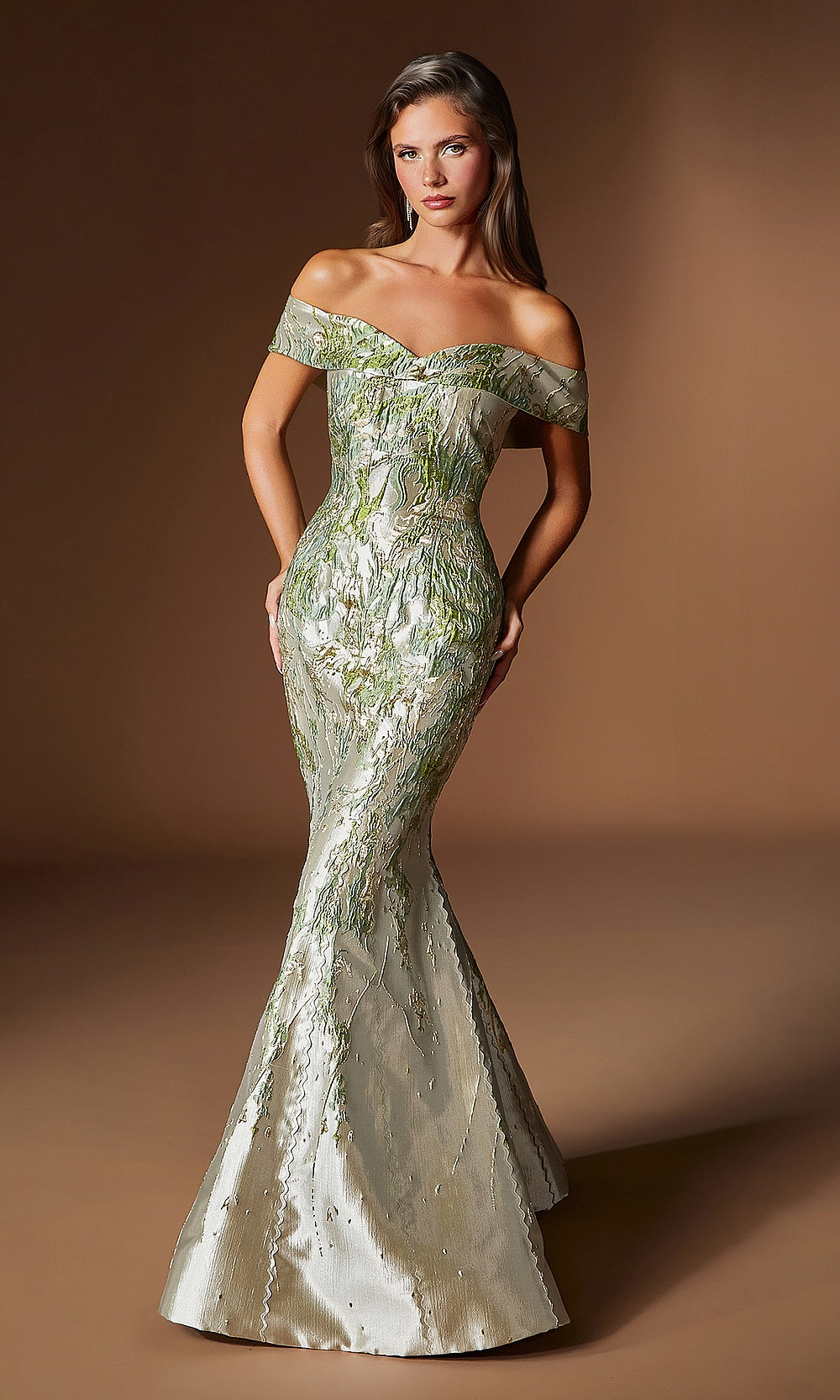 Ladivine CD0107 green silver formal gown with metallic jacquard print, off-shoulder sweetheart neckline, fitted mermaid trumpet silhouette, front view, evening gown