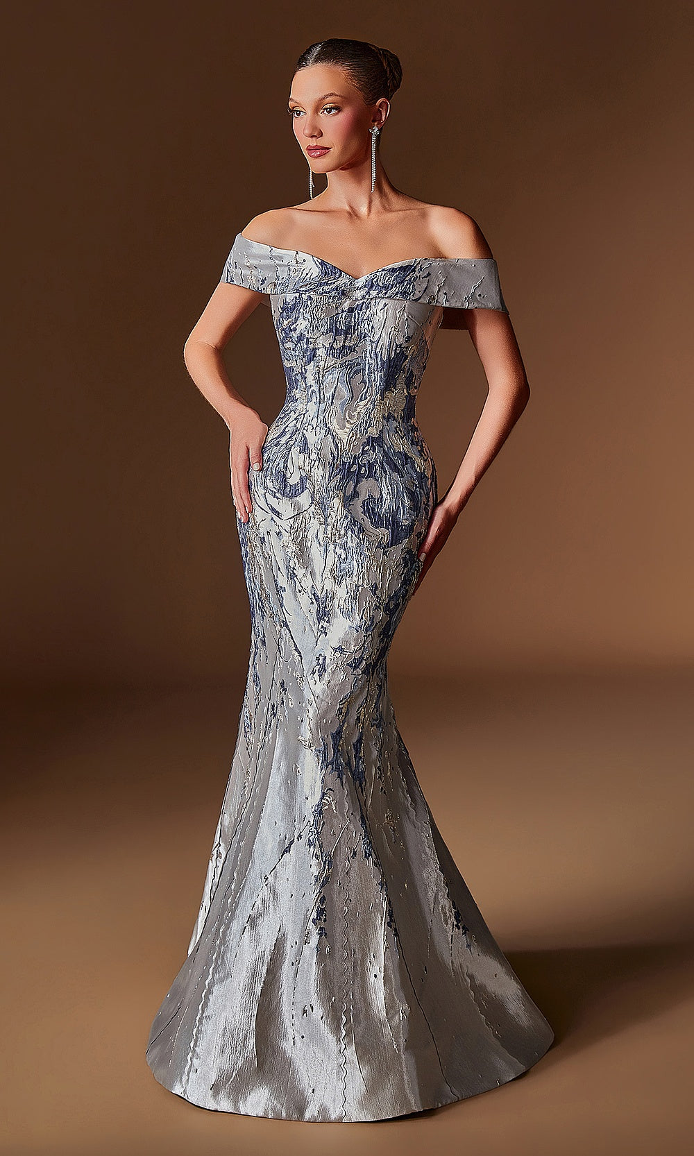 Ladivine CD0107 navy silver formal gown with metallic jacquard print, off-shoulder sweetheart bodice, mermaid trumpet silhouette, front view, black tie event dress